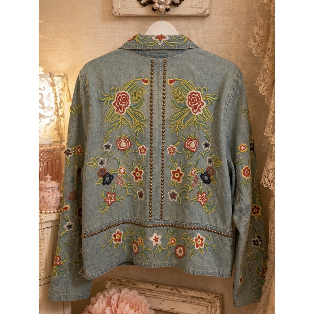 Aratta Lucinda Embroidered Denim Motorcycle Jacket Boho Festival Victorian - Picture 5 of 6